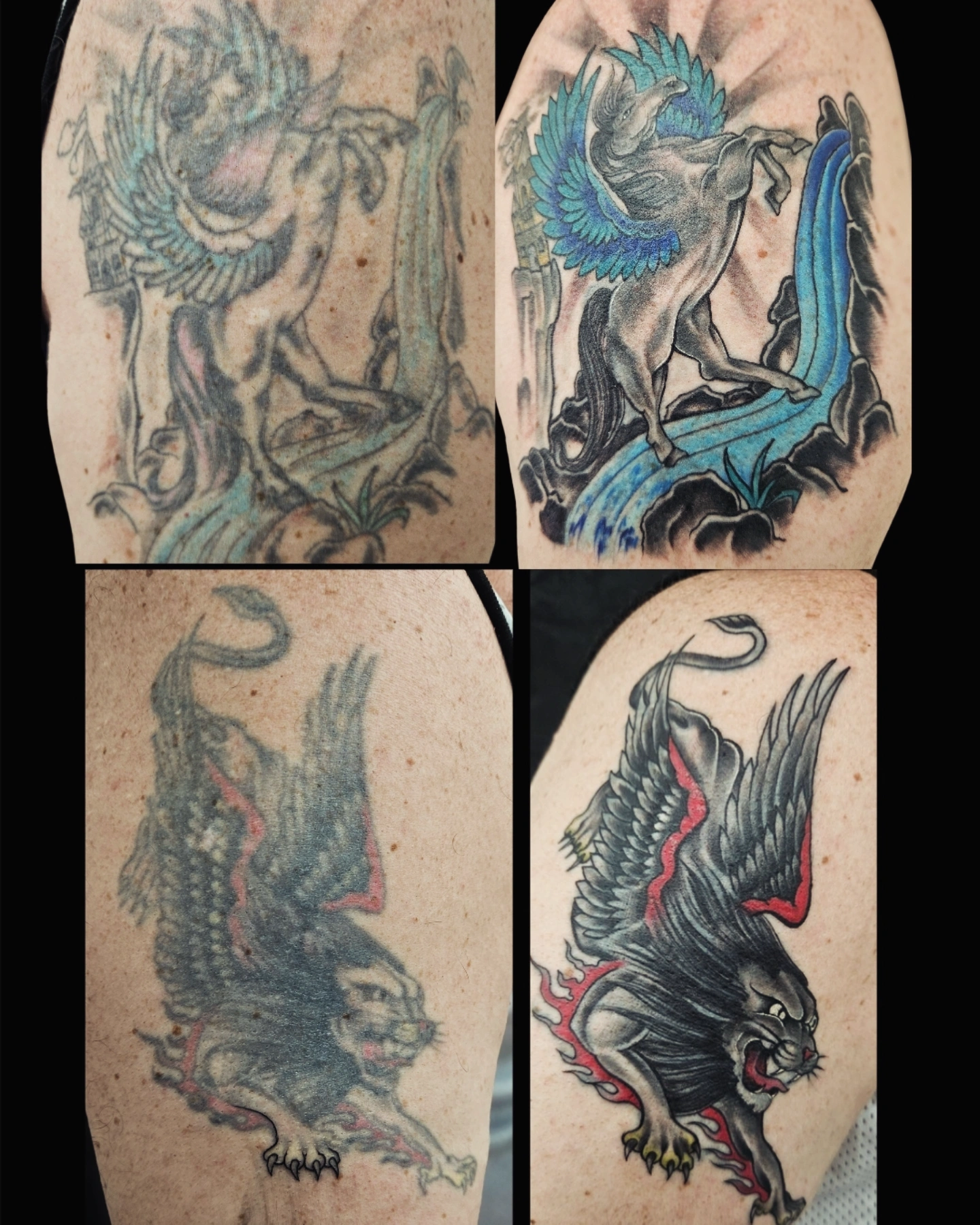 Before and after, tattoo repair, Pegasus, Griffon, shoulder tattoo, Lethal Ink Tattoo, Phra Tamnak, Pattaya, 2025