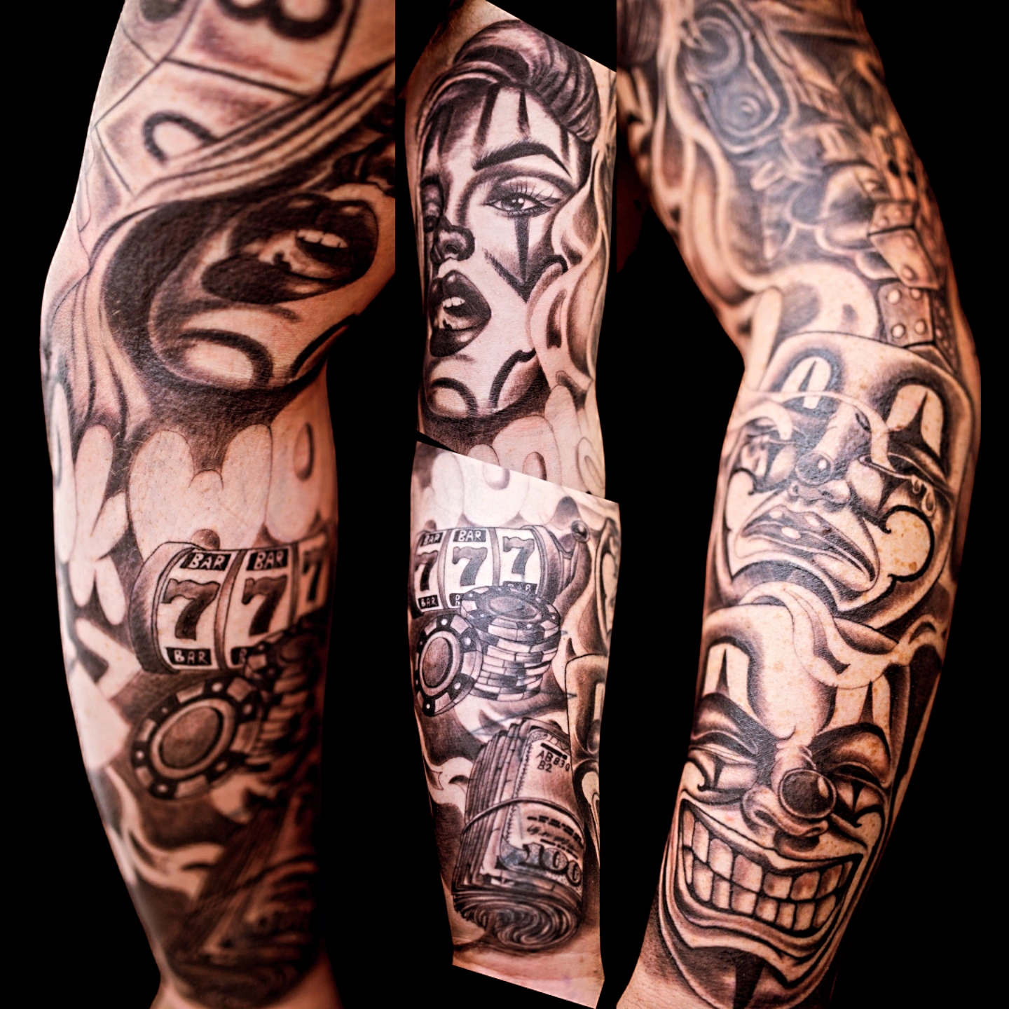 Chicano, black and gray, full arm sleeve tattoo, Lethal Ink Tattoo, Phra Tamnak, Pattaya, 2025