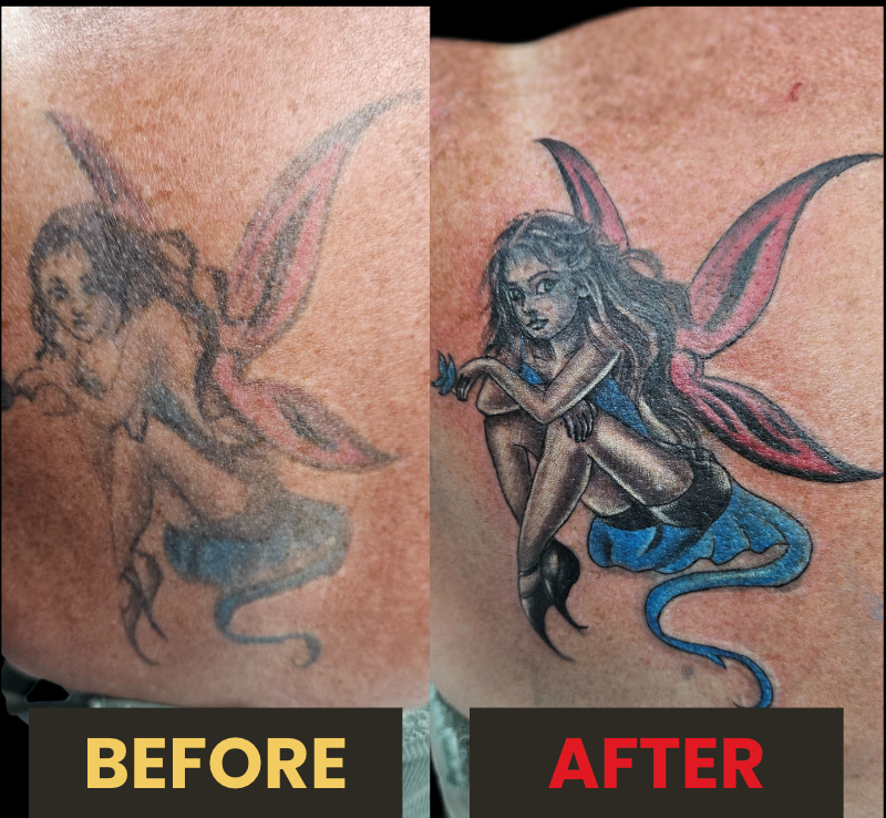 Fair, tattoo repair, color, back tattoo, Lethal Ink Tattoo, Phra Tamnak, Pattaya, 2025