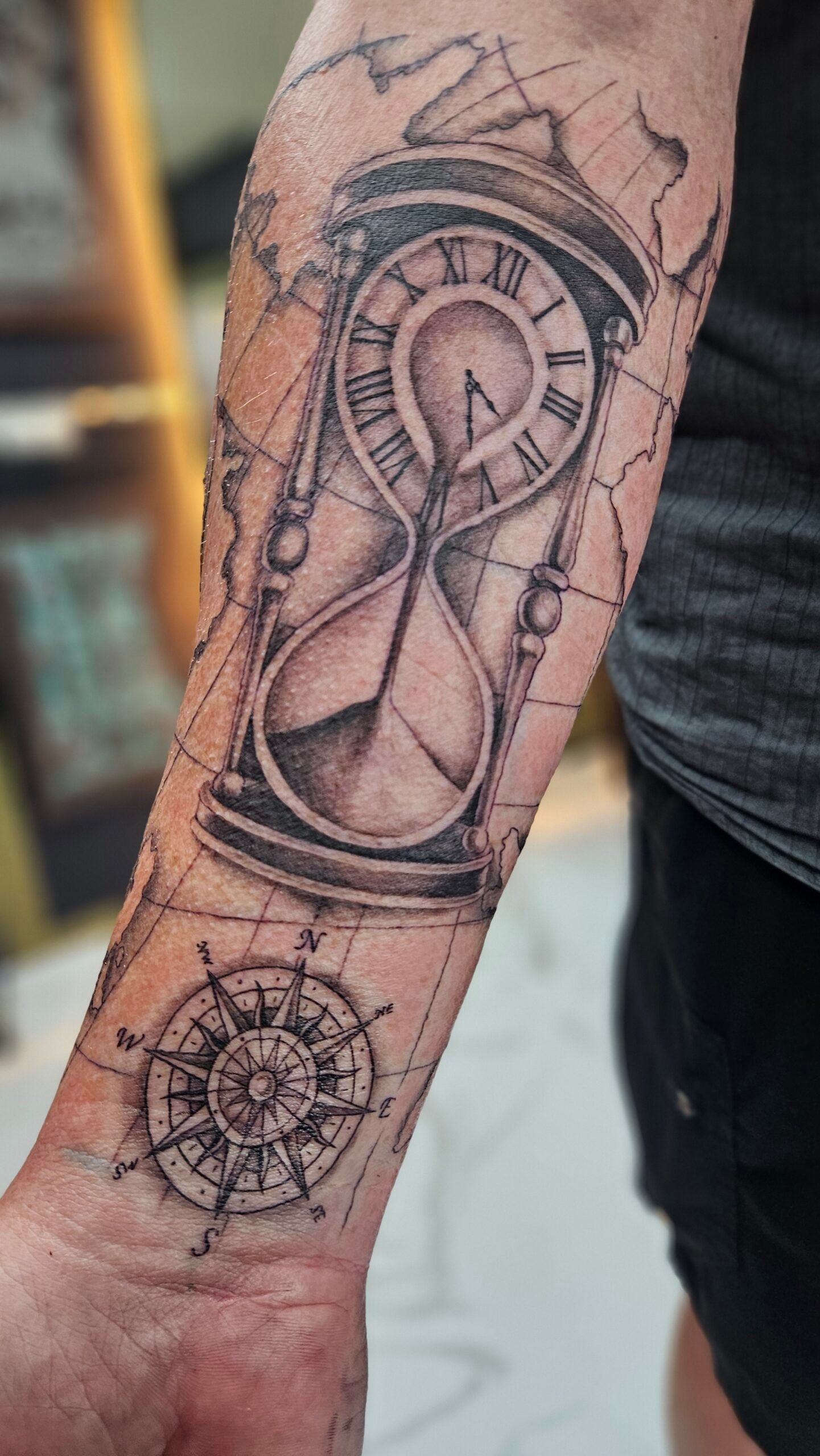 Hour glass, travel theme, black and gray, fine line, arm tattoo, Lethal Ink Tattoo, Phra Tamnak, Pattaya, 2025