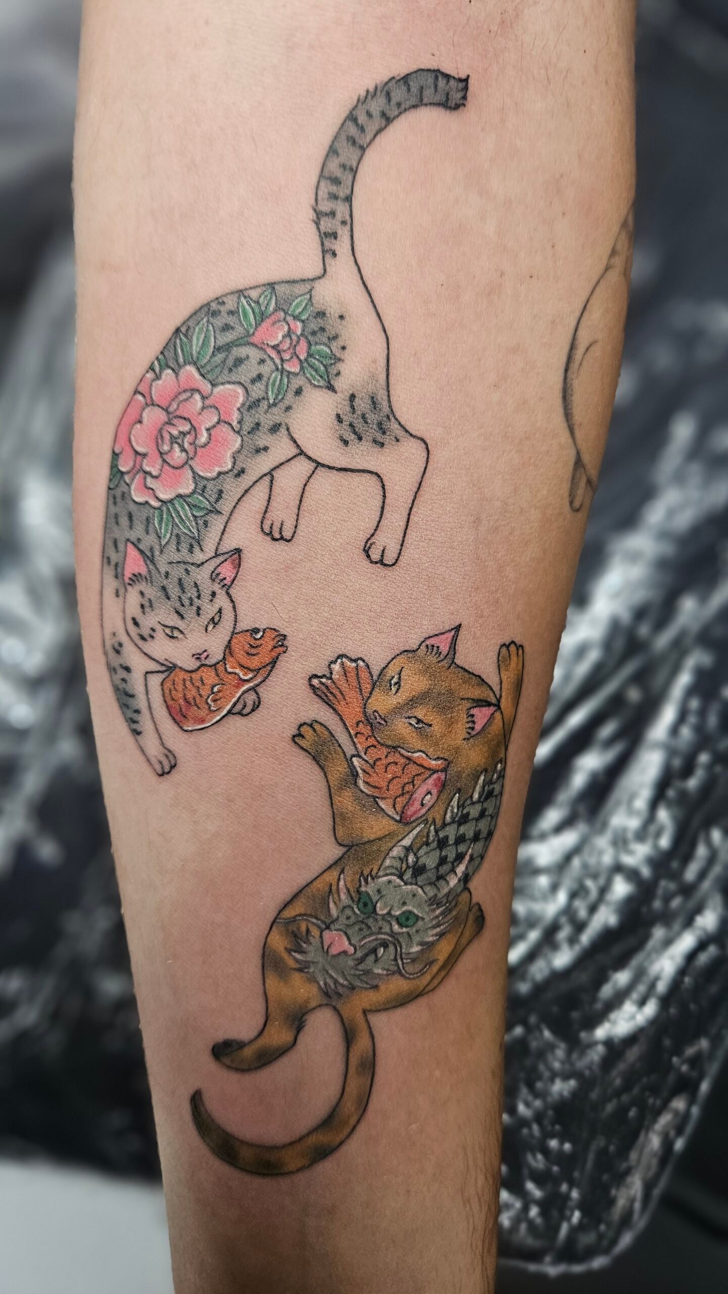 Monmon cat, color, custom design, arm tattoo Lethal Ink Tattoo, Phra Tamnak, Pattaya, 2025