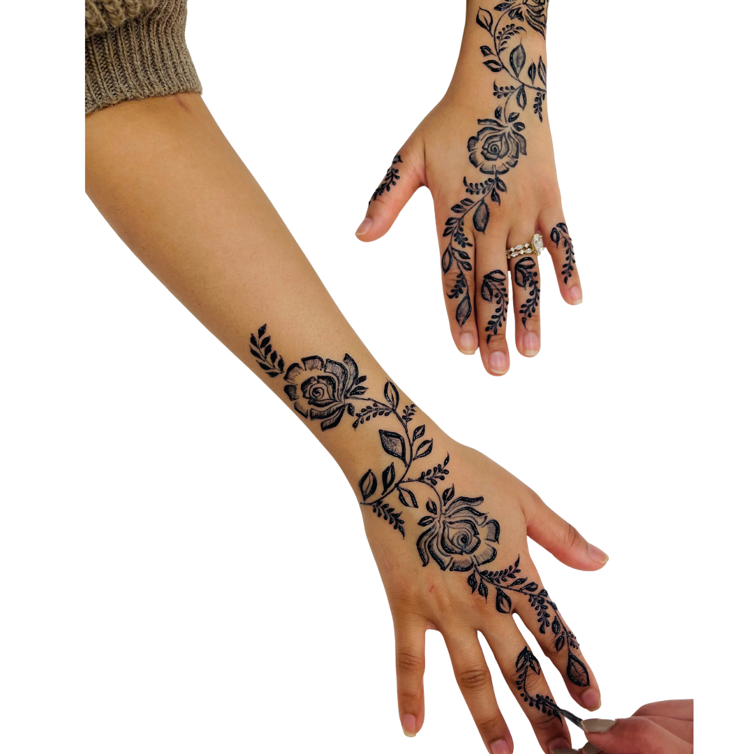 Jagua blue floral ornamental temporary tattoo on hand by Lethal Ink Tattoo, Pattaya (2025)